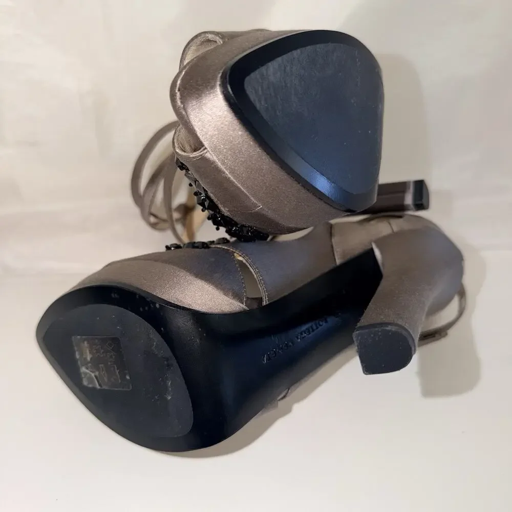 Bottega Veneta Grey Satin Embellished Bead Ankle Strap Platform Heels Sandal